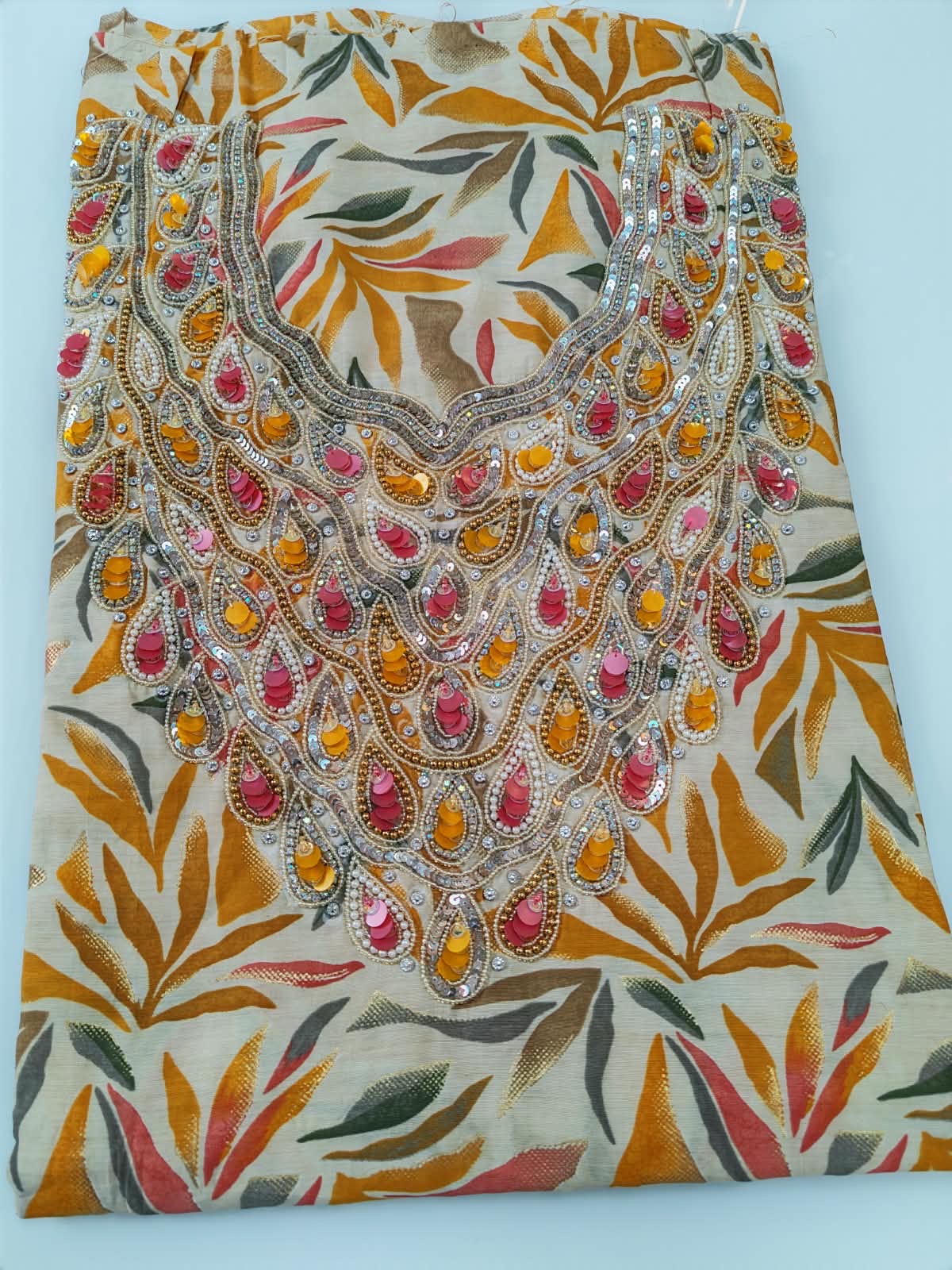 Mustard Leaf Sequin Paisley Mukhawar
