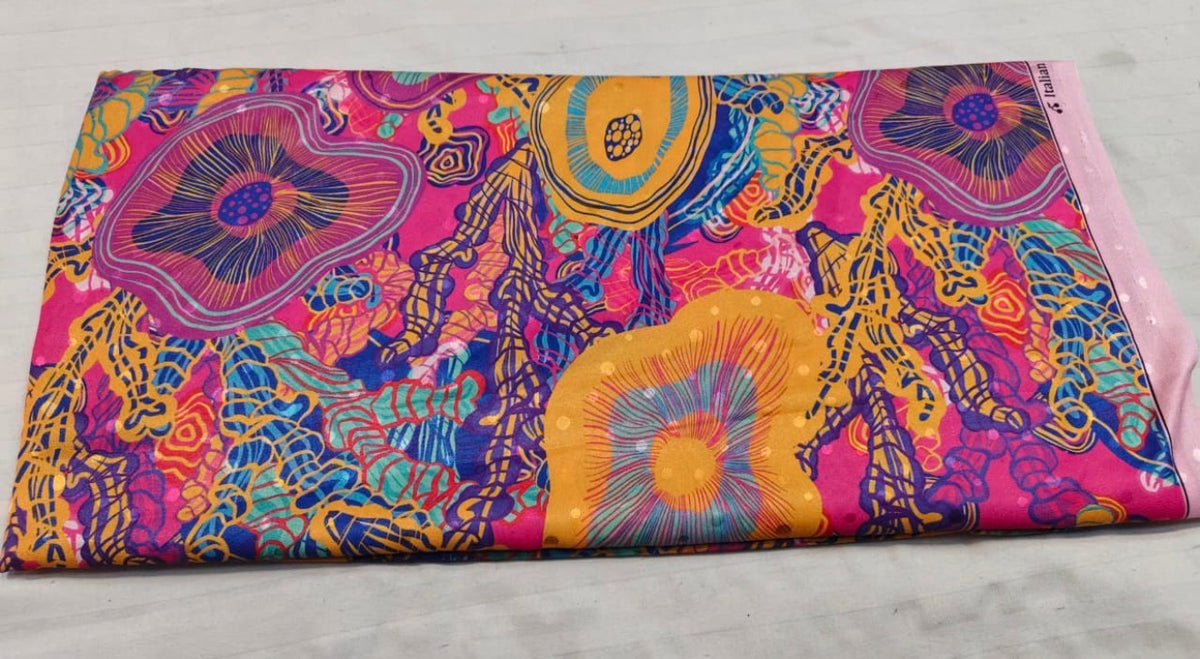 Pink Blue Coral Floral Silk Fabric