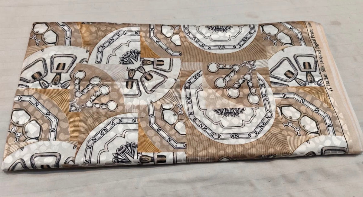 Beige Chain Buckle Print Silk Fabric