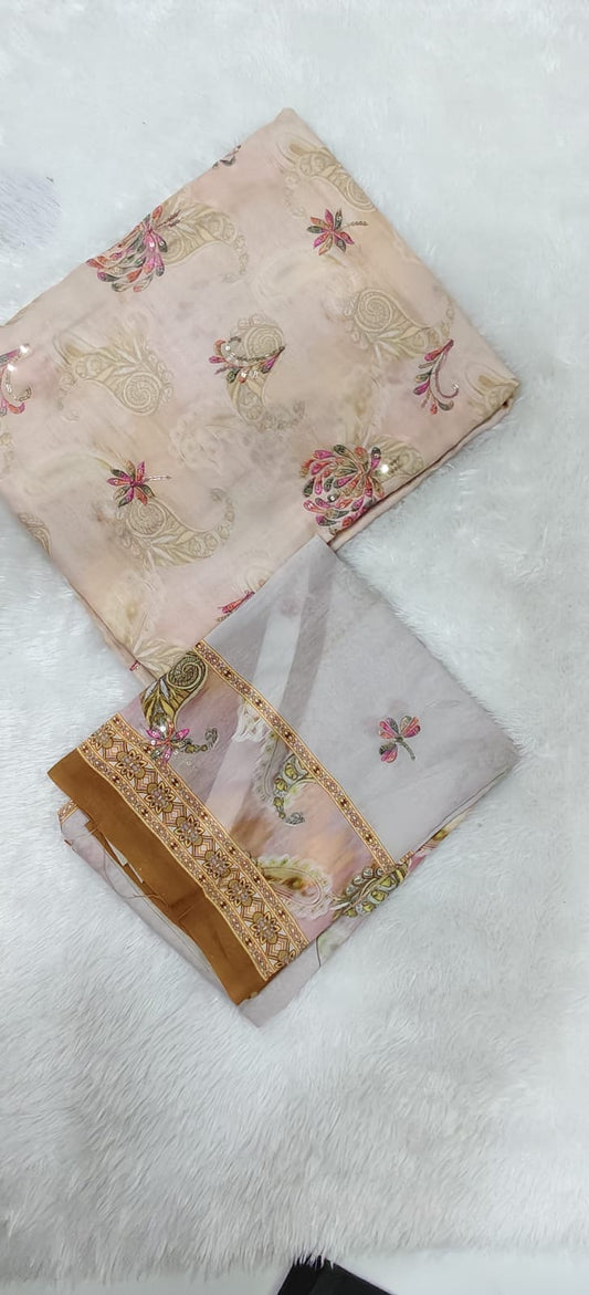 Cream Beige Paisley Sequin Floral Fabric