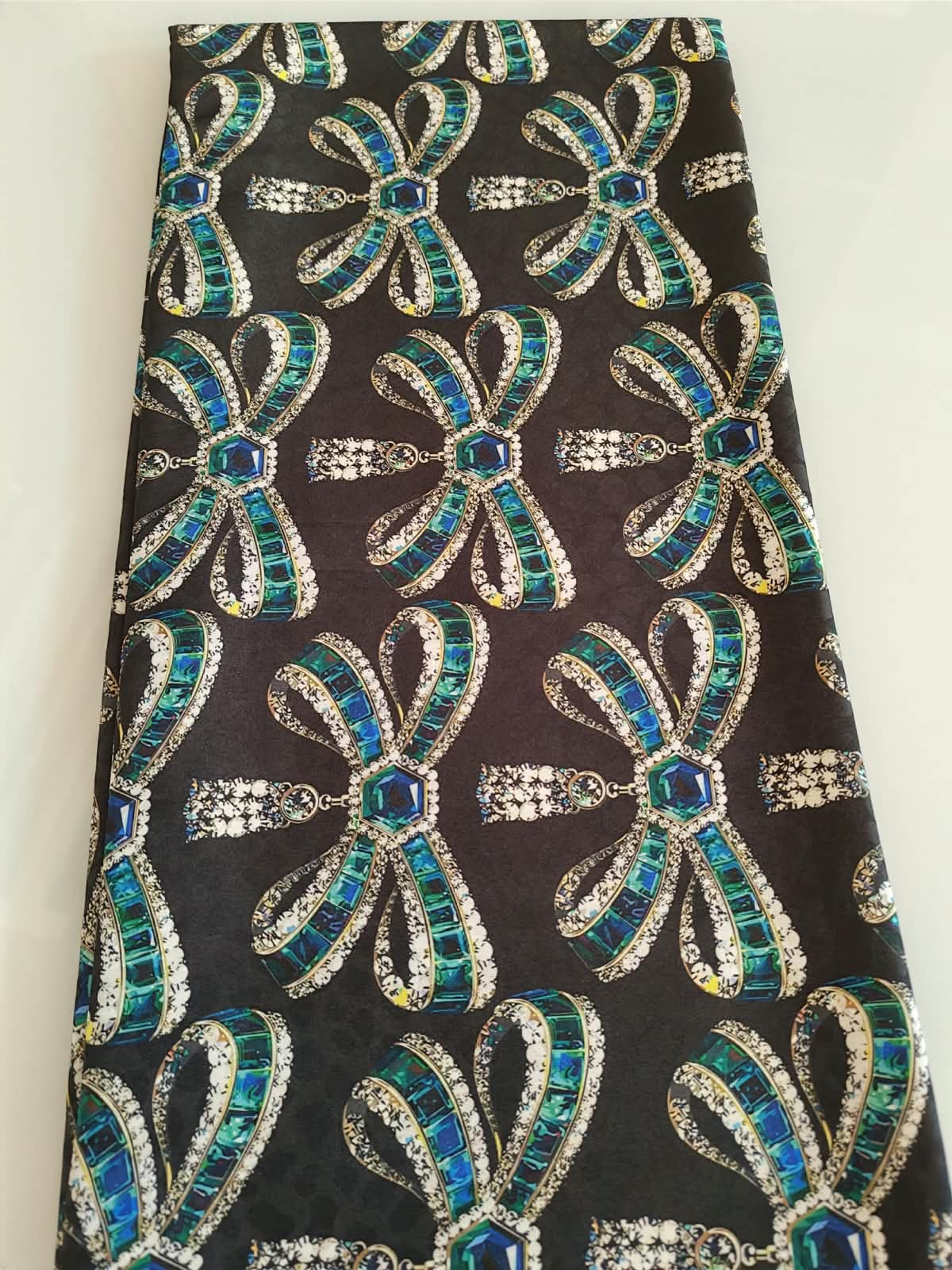 Black Jeweled Bow Brooch Print Fabric
