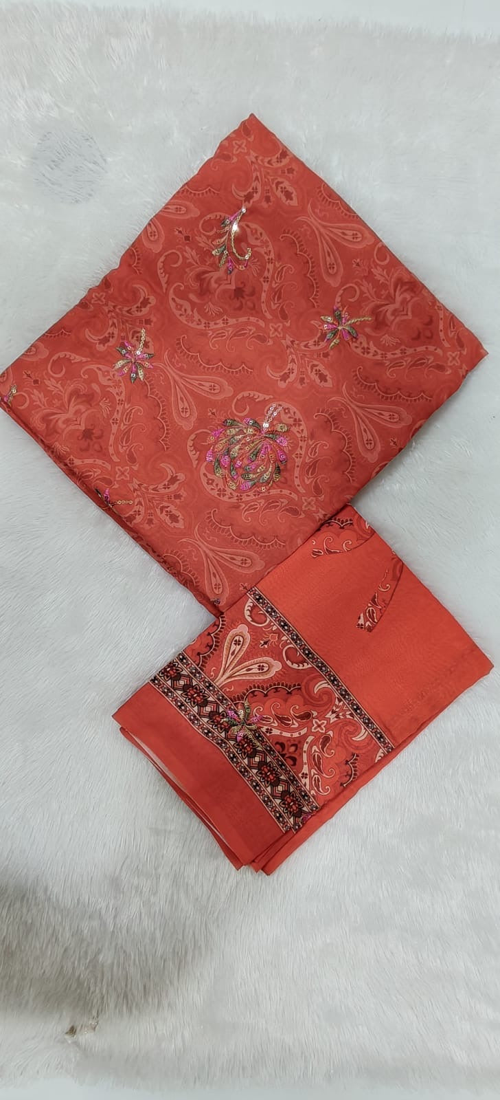 Rust Orange Paisley Sequin Floral Fabric