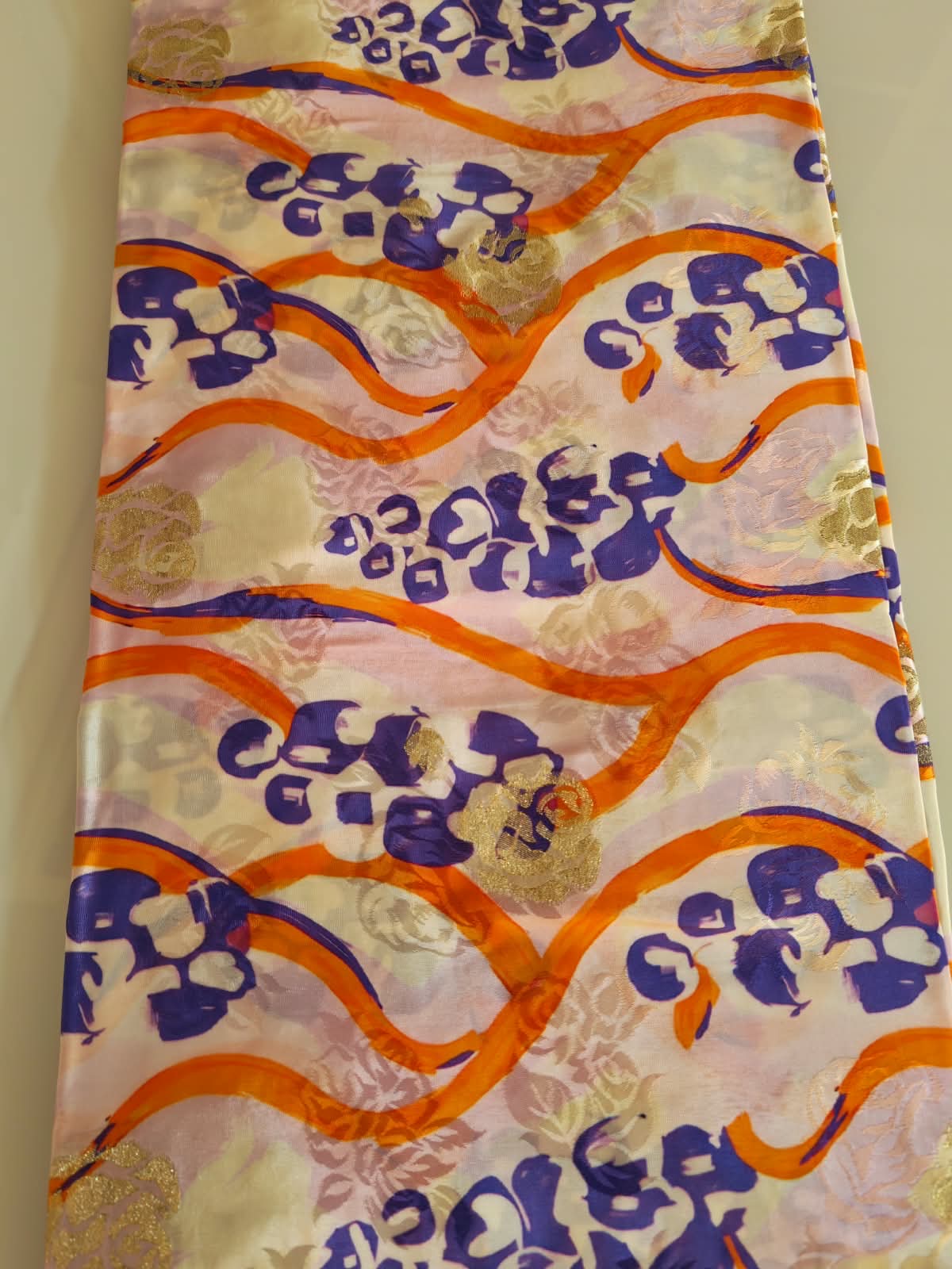 Ivory Purple Orange Floral Ribbon Fabric