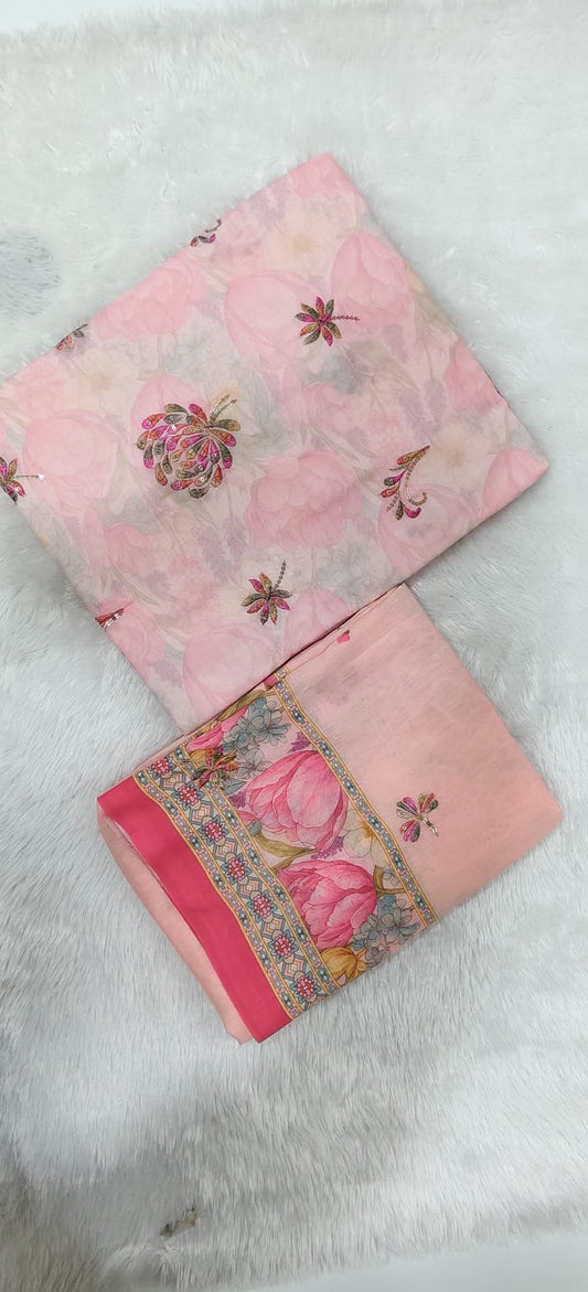 Pink Floral Sequin Butterfly Fabric