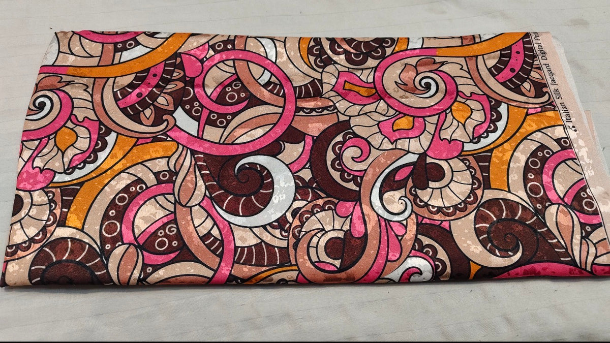 Pink Brown Paisley Swirl Silk Fabric
