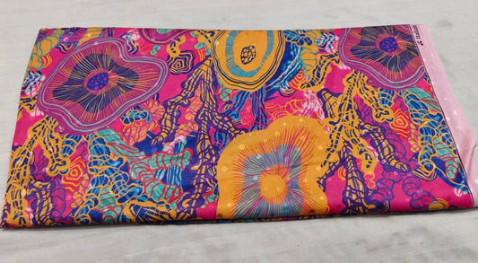 Pink Blue Coral Floral Silk Fabric