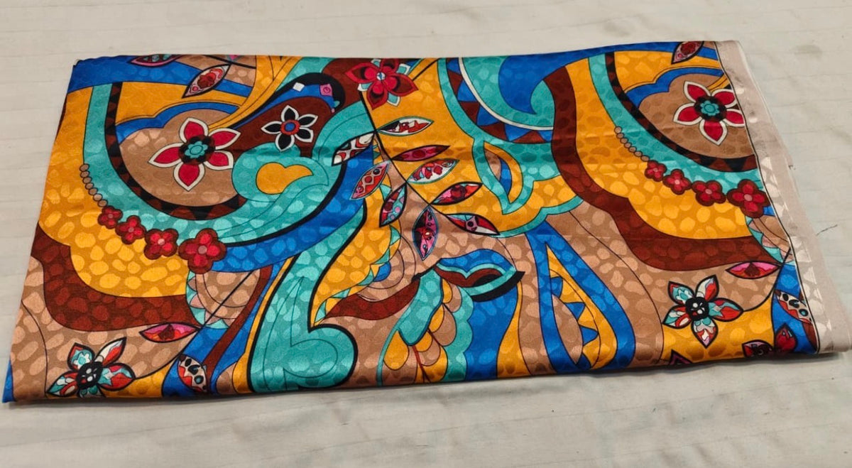 Blue Brown Peacock Print Silk Fabric