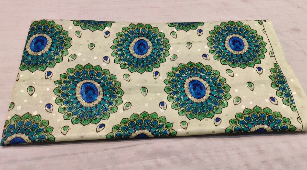 Cream Blue Peacock Medallion Silk Fabric