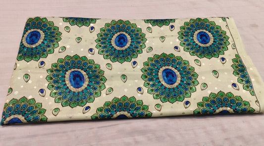 Cream Blue Peacock Medallion Silk Fabric