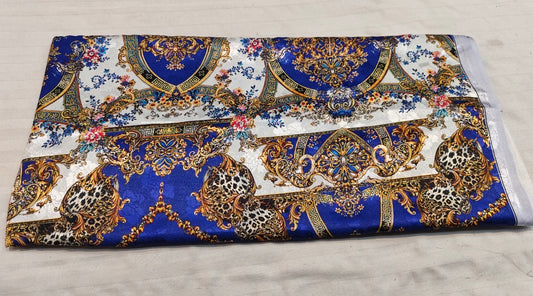 Blue Gold Baroque Leopard Silk Fabric